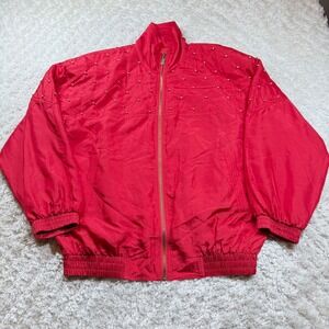 Fuda Silk Red Studded Bomber Jacket Women's L Quilted Zipper 80s 90s Vintage
